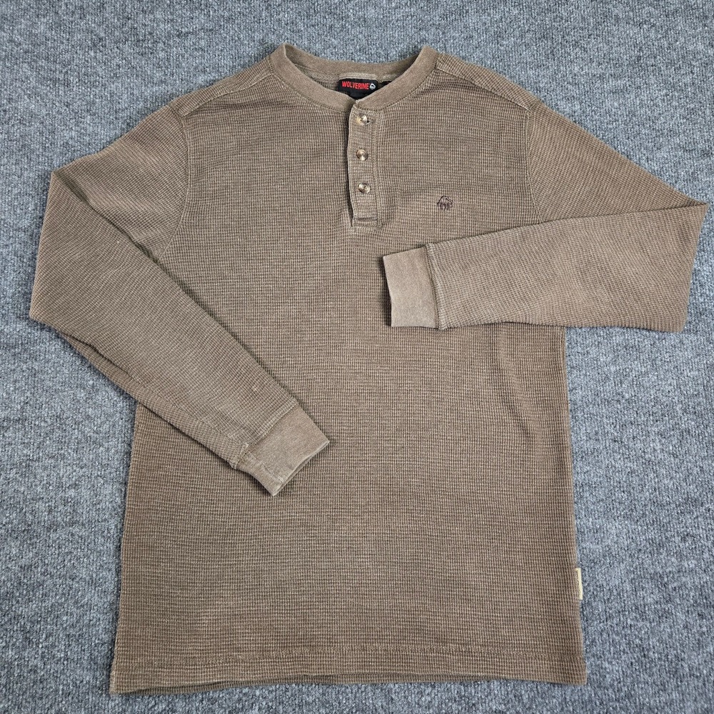 Wolverine Thermal Henley Shirt Mens M Brown Waffle Knit Long Sleeve Workwear